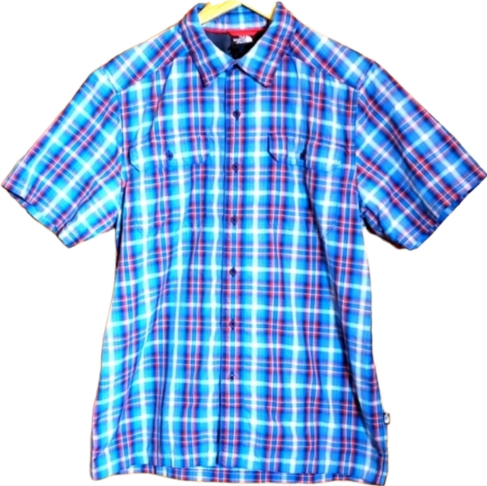 THE NORTH FACE M TEAL PLAID SHORT SLEEVE BUTTON UP